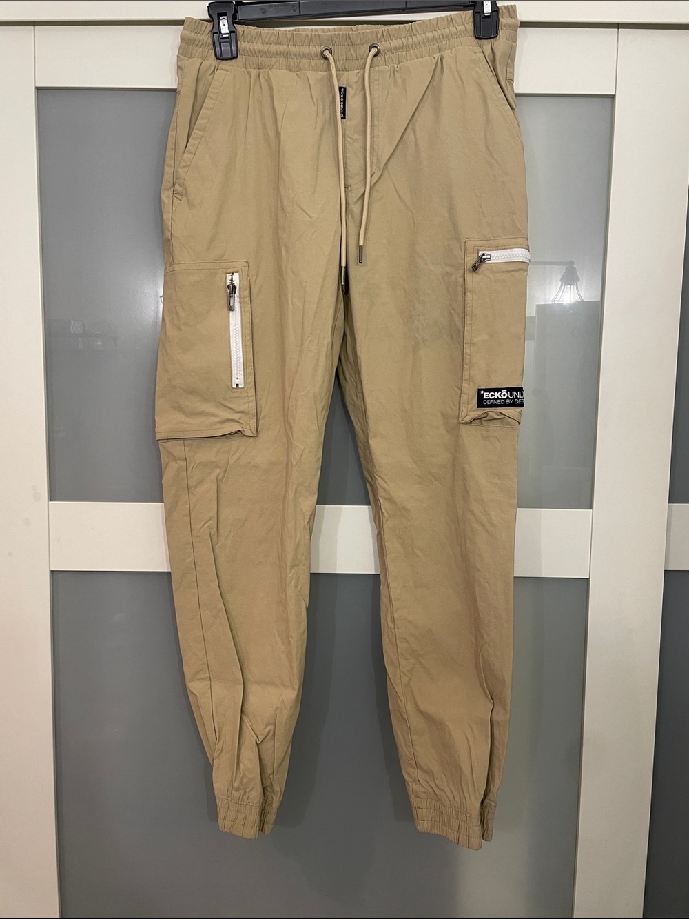 Ecko Unlimited Men's Khaki Cargo Jogger Pants with White Zippers